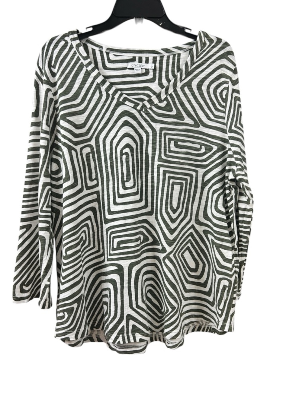 Chico's Deep Olive and White Geometric V-Neck Long Sleeve Top